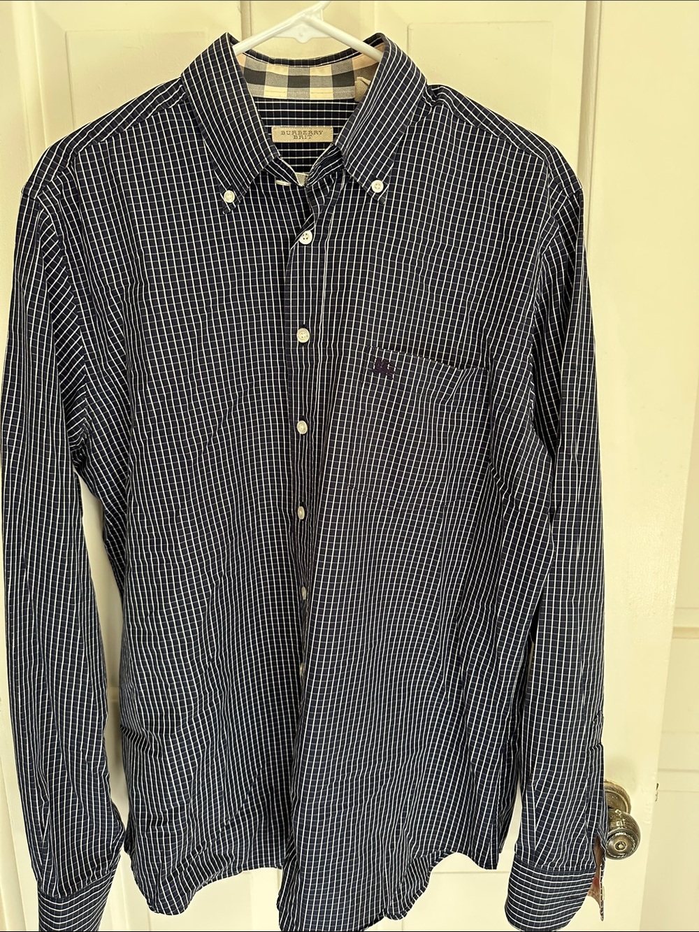 Burberry Men’s Navy Blue and White Windowpane Button-Down Shirt